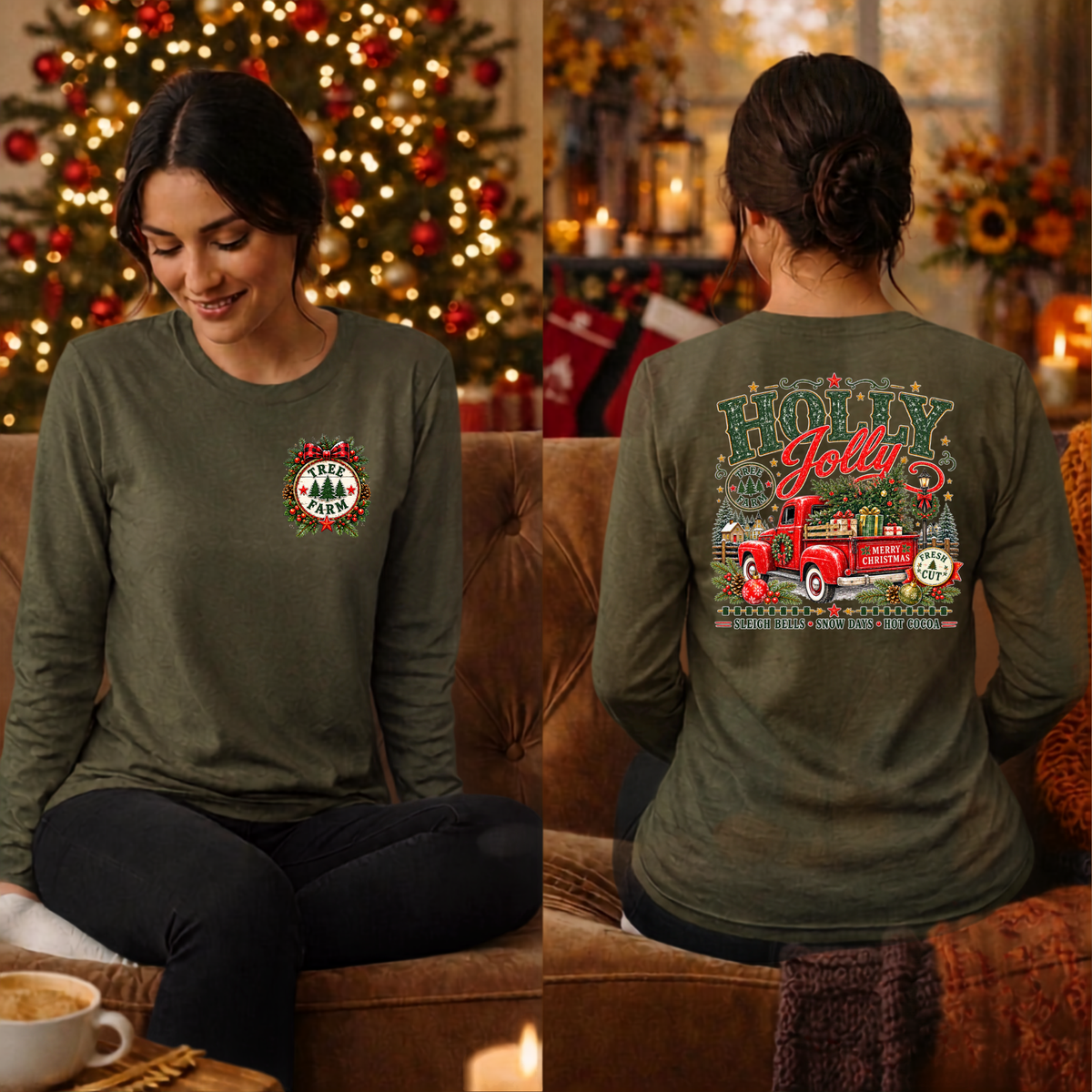 Holly Jolly Farm Long Sleeve Tee Pocket and Back graphics TheCraftNook
