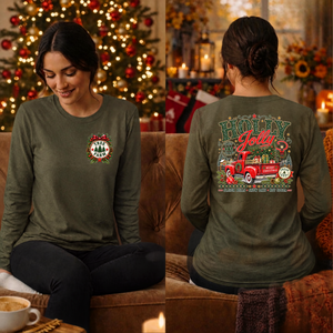 Holly Jolly Farm Long Sleeve Tee Pocket and Back graphics TheCraftNook