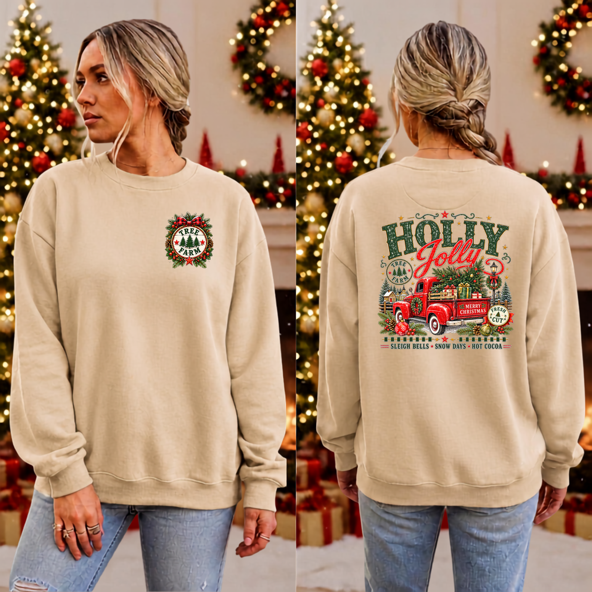 Holly Jolly Farm Sweatshirt Pocket and Back graphics TheCraftNook