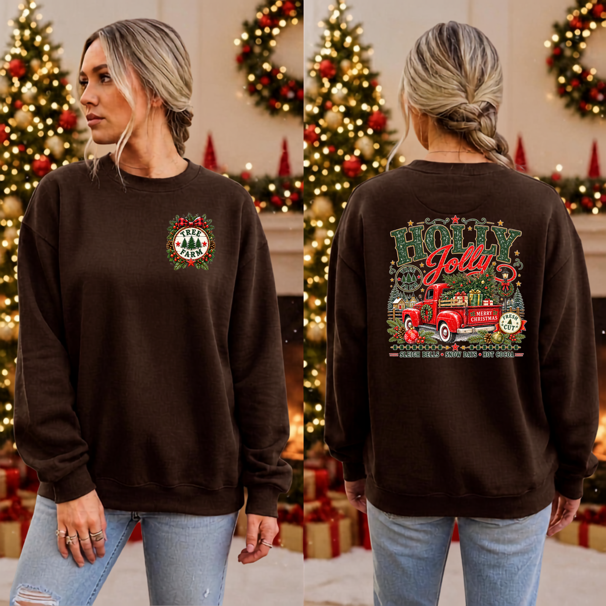 Holly Jolly Farm Sweatshirt Pocket and Back graphics TheCraftNook