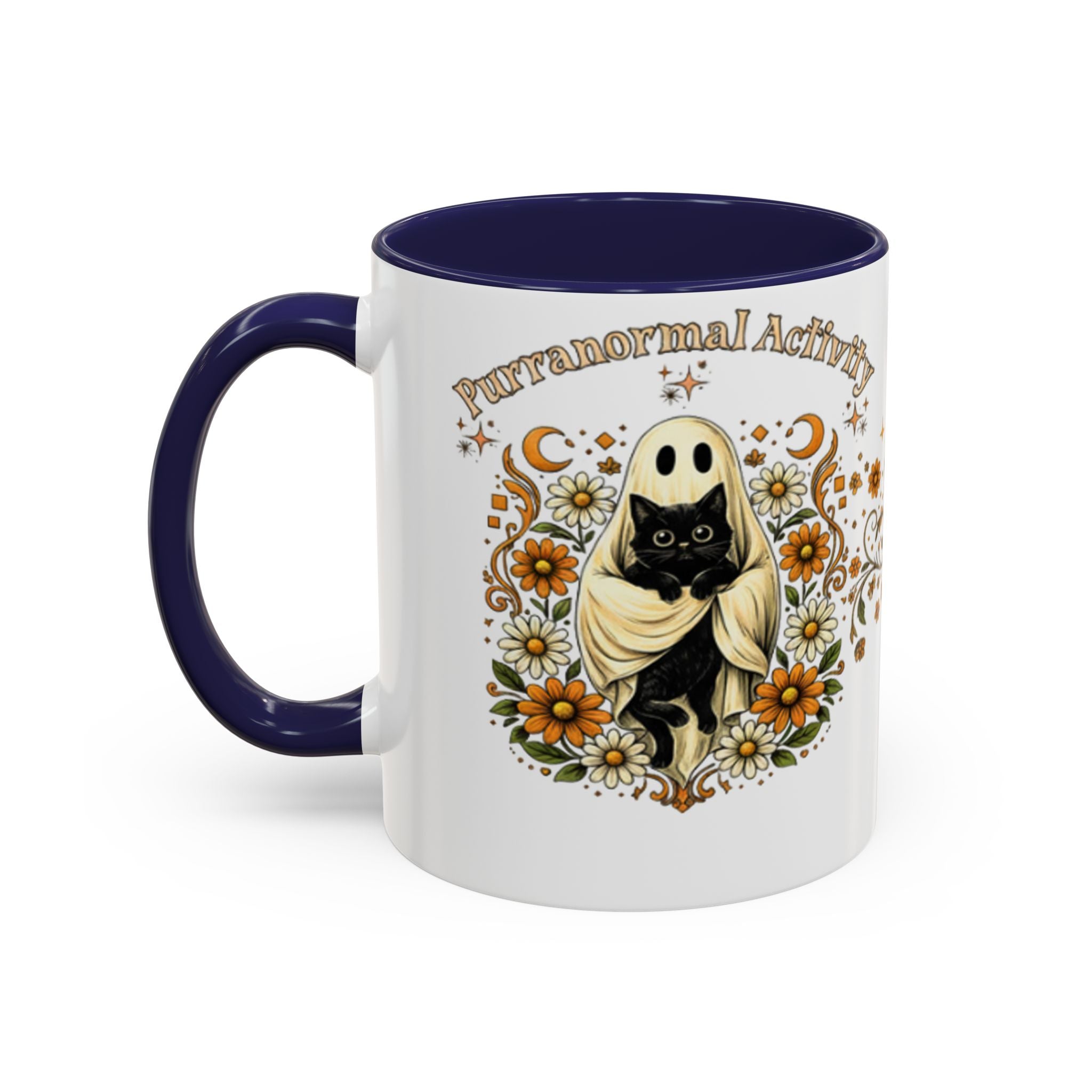 Purranormal Activity Accent Coffee Mug — Black Cat Crescent Moon Floral 11/15oz