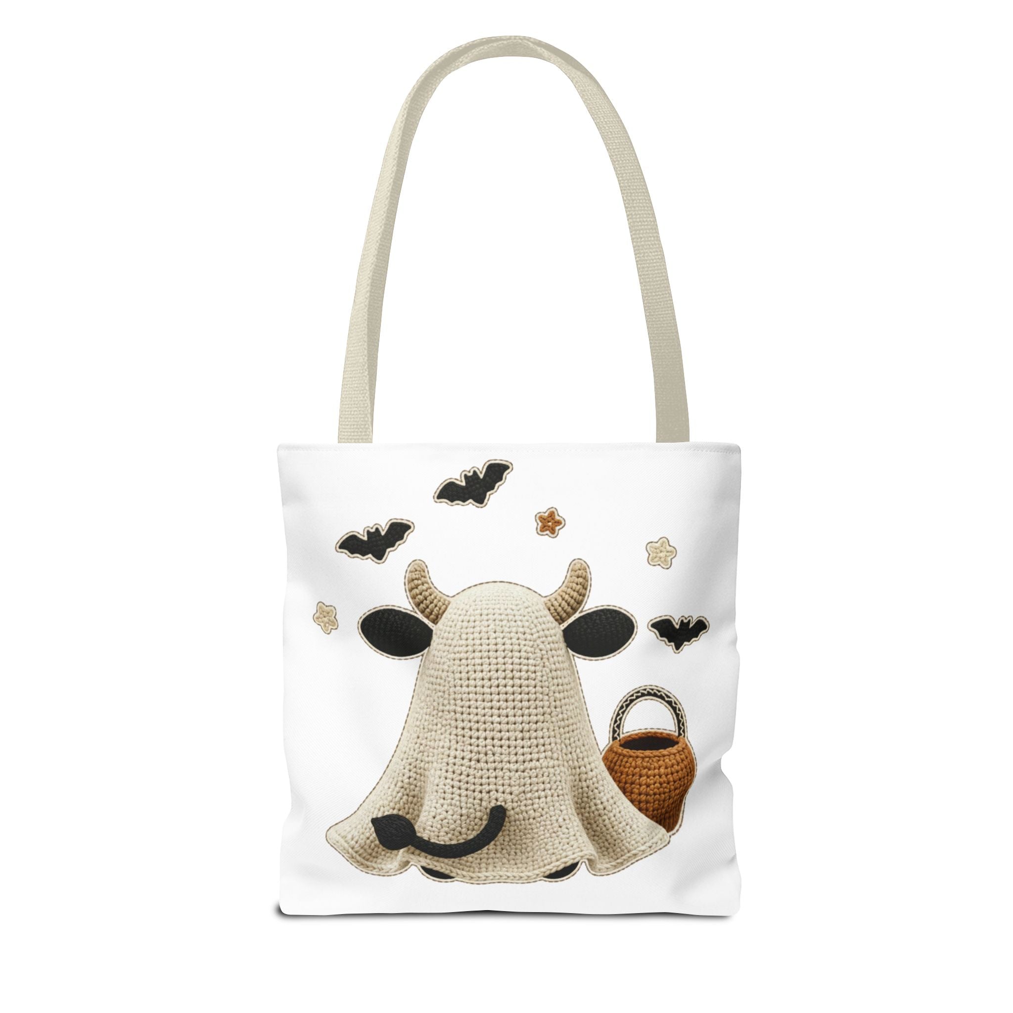 Bullsheet Halloween Faux Crochet Tote Bag — Cute Cow Ghost Trick-or-Treat Bag