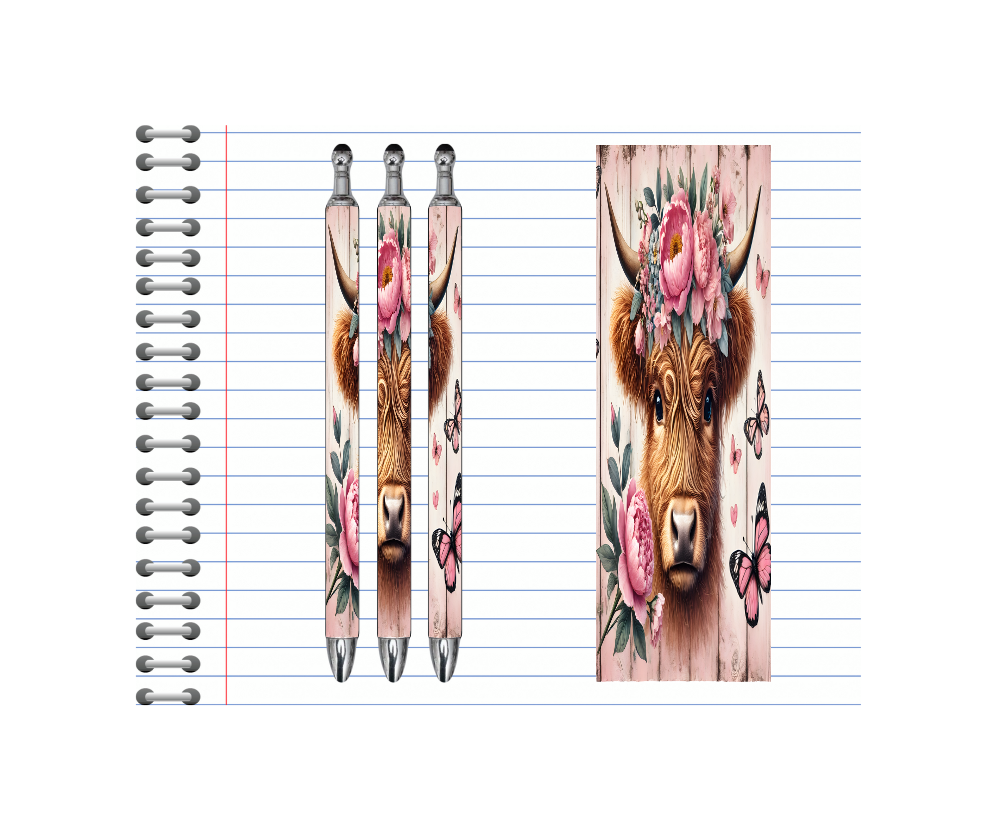 Highland cow refillable pens with floral designs and butterflies on a lined notepad background.