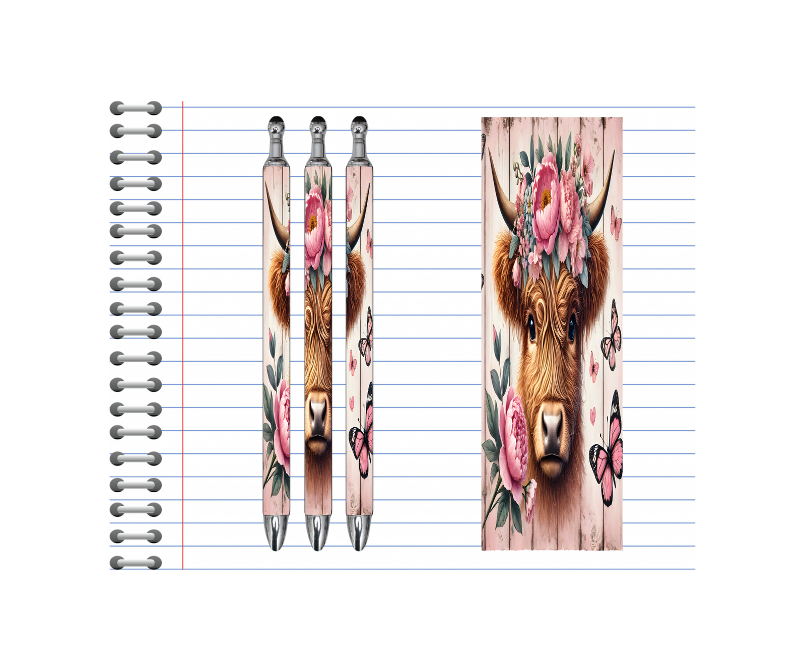 Highland cow refillable pens with floral designs and butterflies on a lined notepad background.