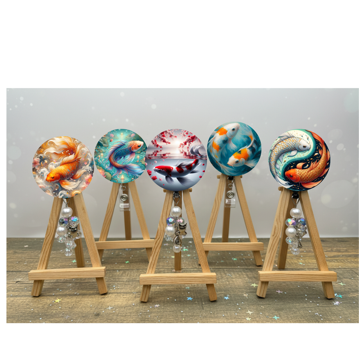 Koi Fish Badge Pulls. Multiple Images Available. Add Beads or Shimmer Glitter Options. TheCraftNook