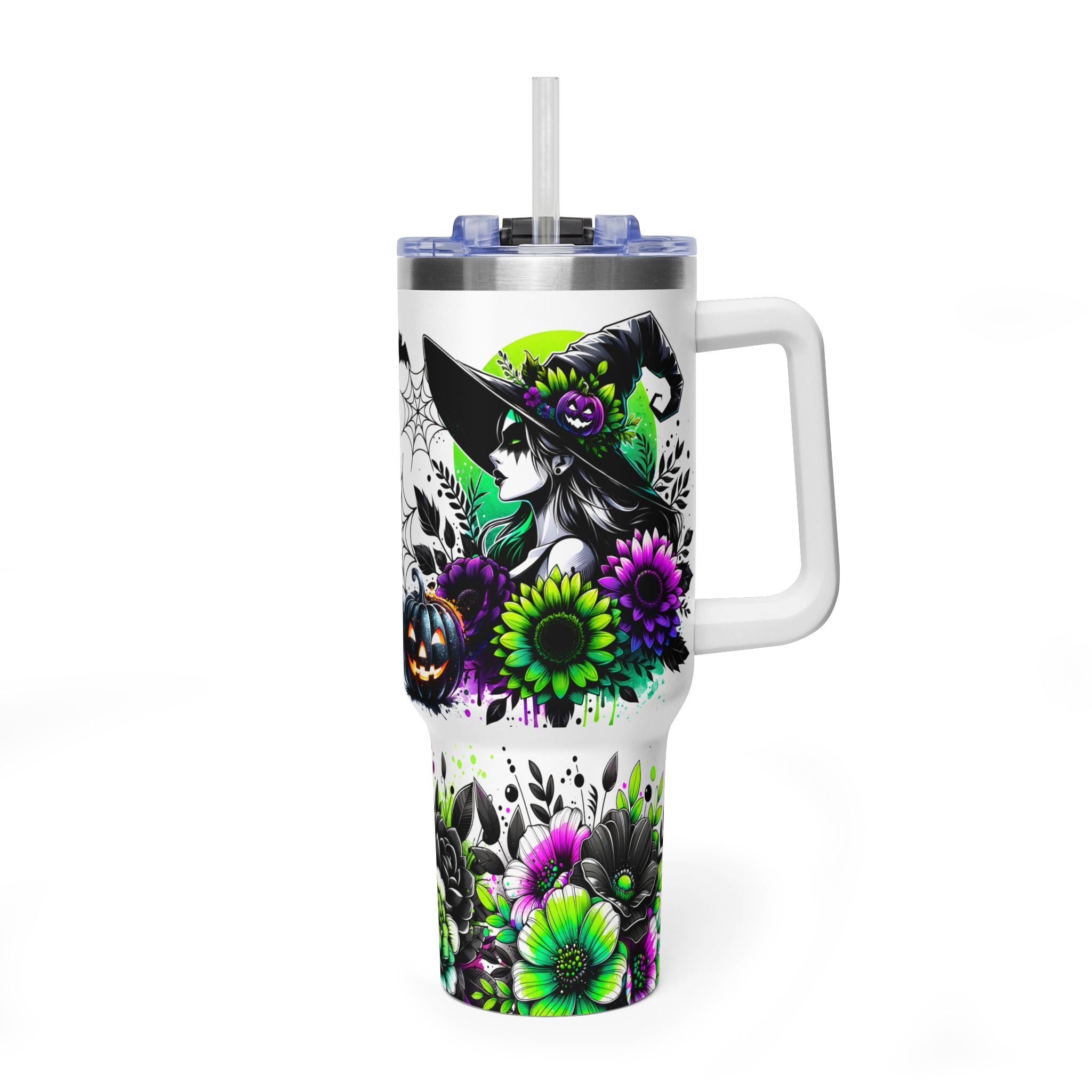 40oz Halloween Skull Tumbler — Floral Pumpkin Vacuum Travel Cup