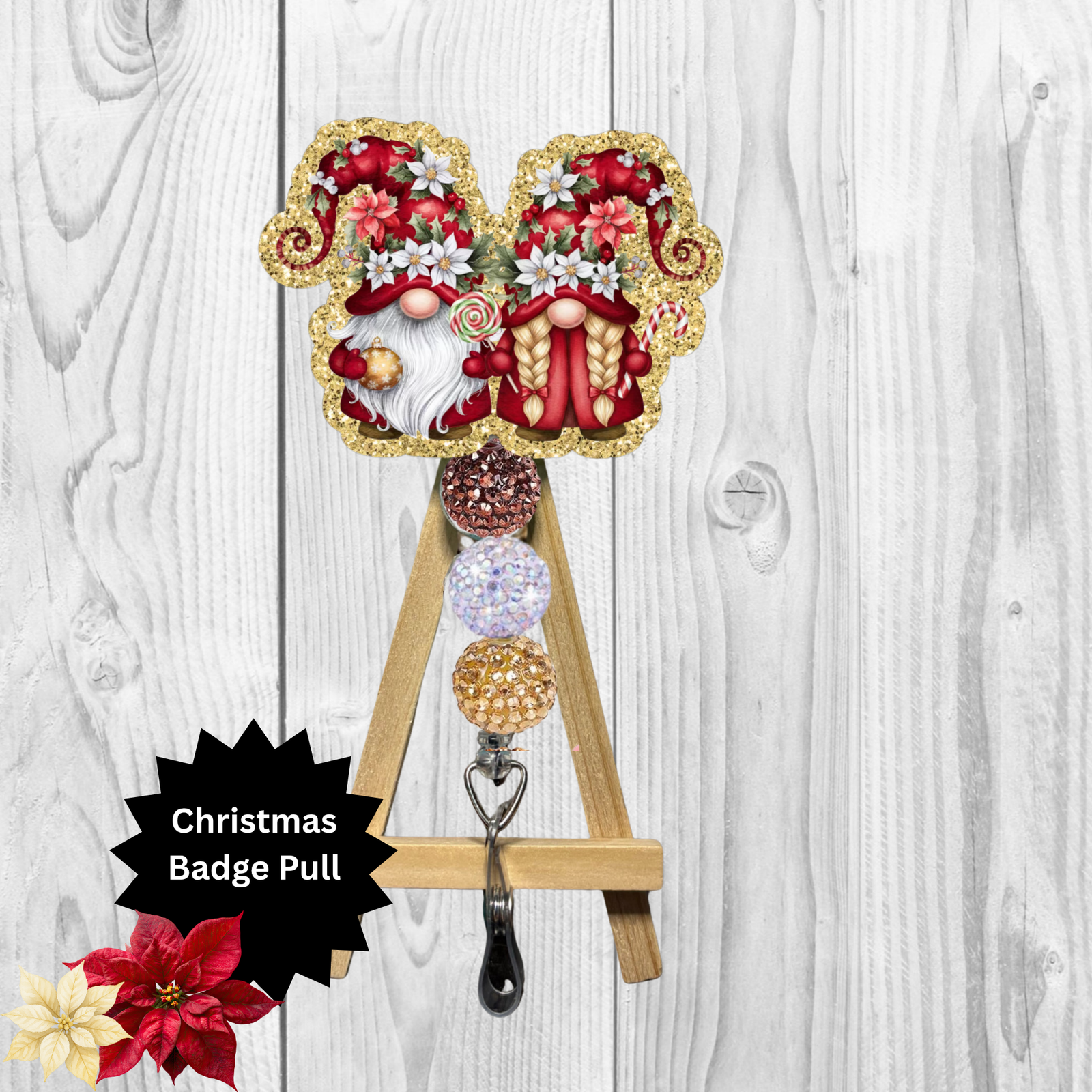 Cute Poinsettia Gnome Badge Pulls TheCraftNook