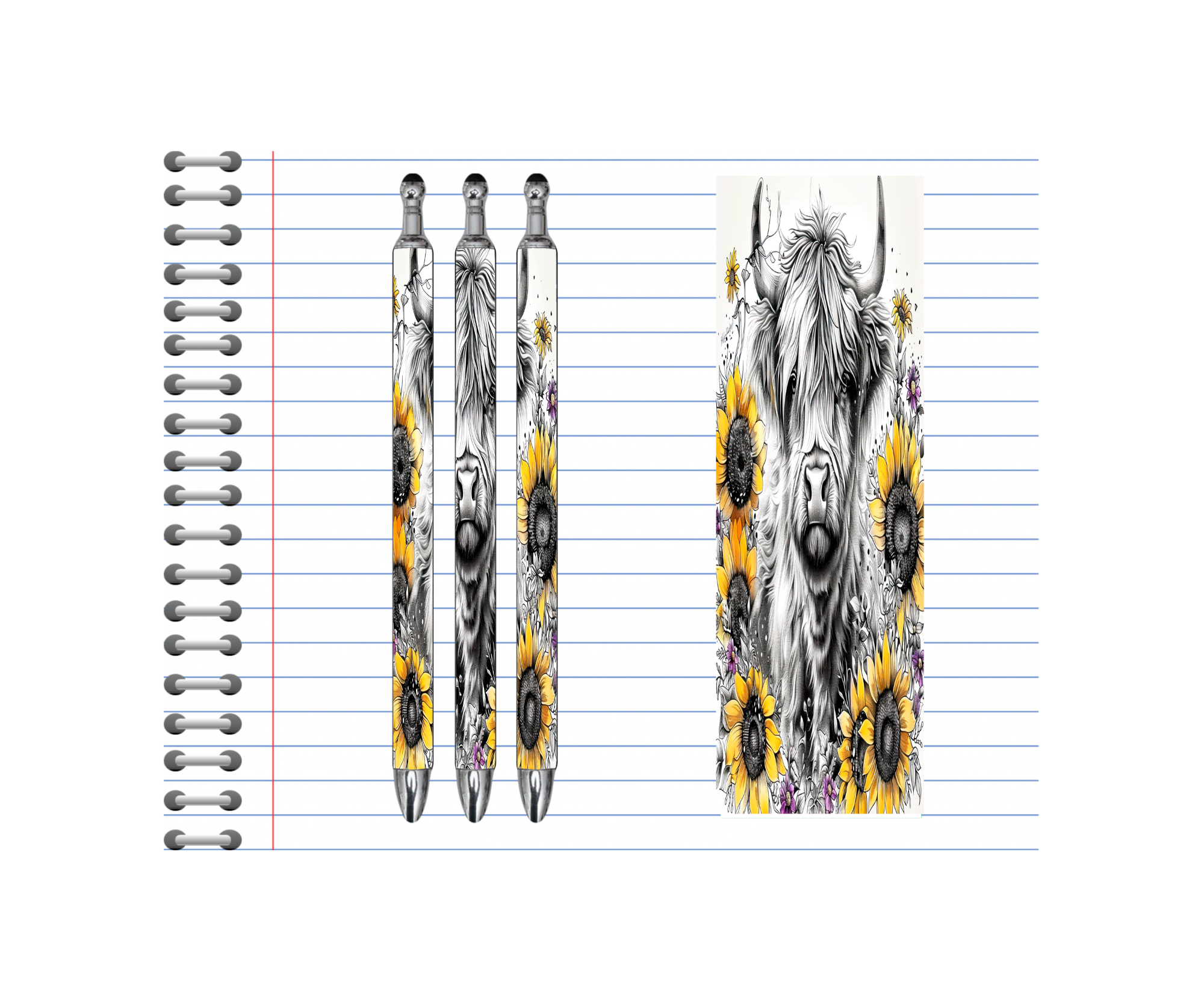 Highland cow refillable pens displayed alongside a Highland cow design, featuring sunflowers on lined paper.