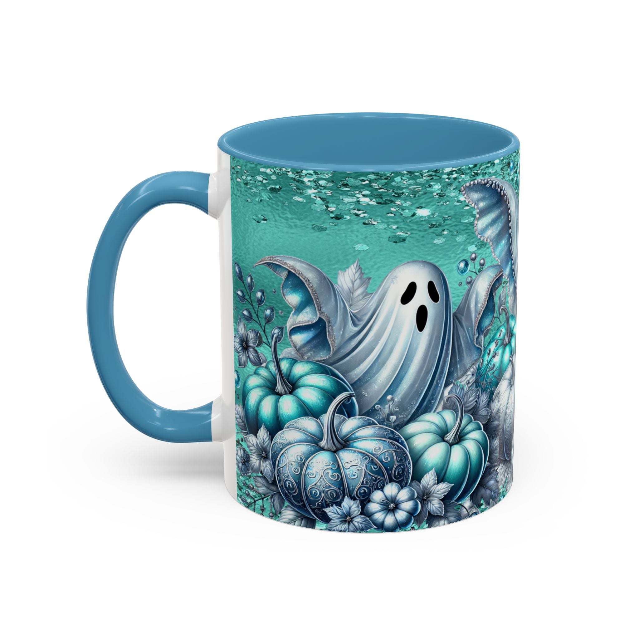 Teal Ghosts & Pumpkins Coffee Mug — Halloween Accent Mug (11/15 oz)