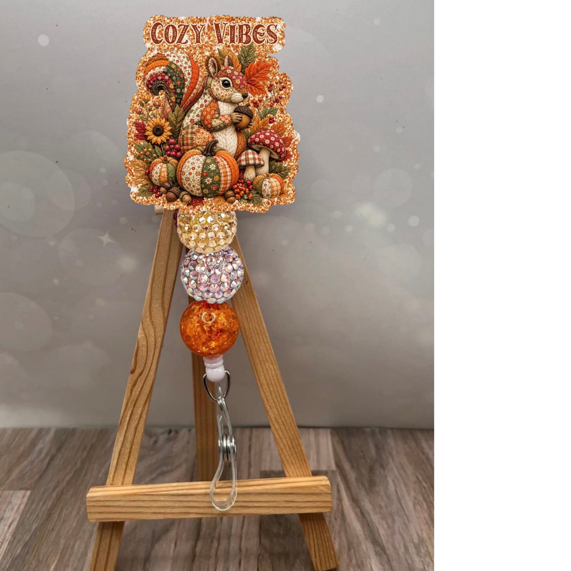 Cozy Vibes Patchwork Squirrel Badge Pull