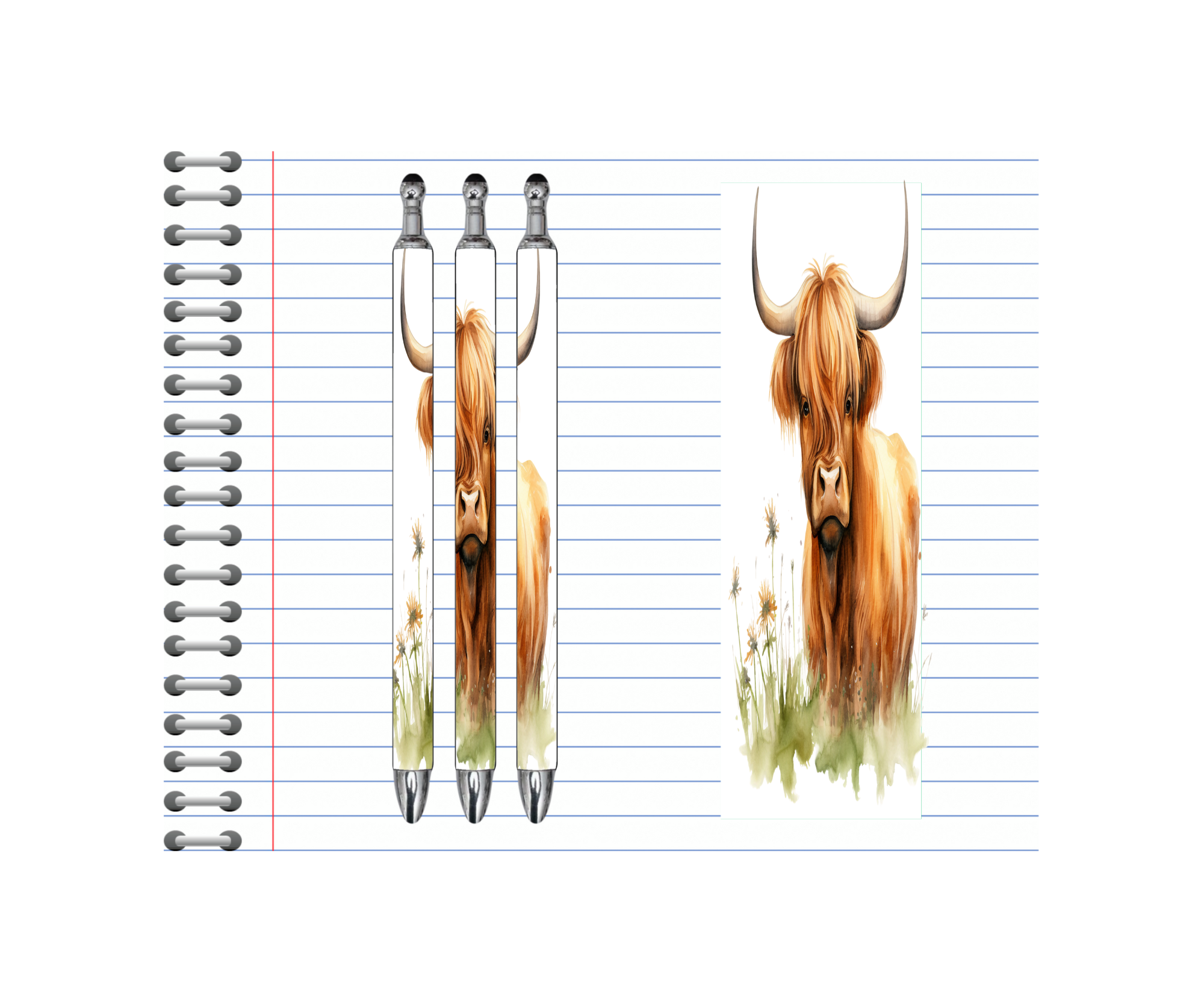 Highland cow refillable pens collection on notepad with cute Highland cow design, perfect for cozy writing.