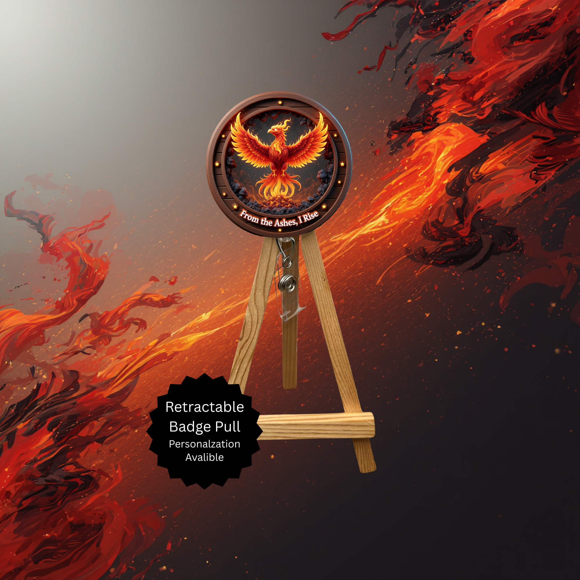 Phoenix badge pulls with beads and glitter, featuring a vibrant phoenix design and retractable badge holder.