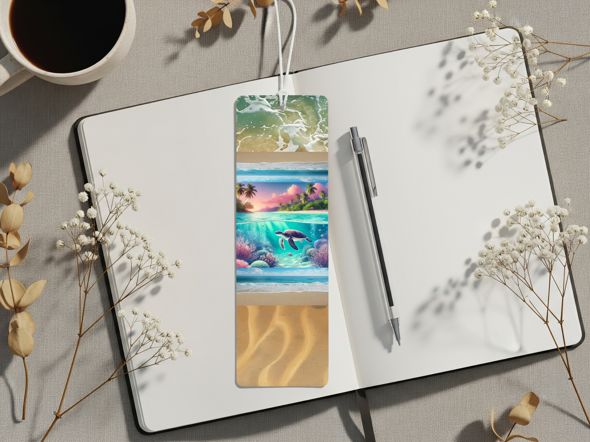 Sea turtle aluminum bookmarks featuring ocean designs on a desk with a notebook and coffee.
