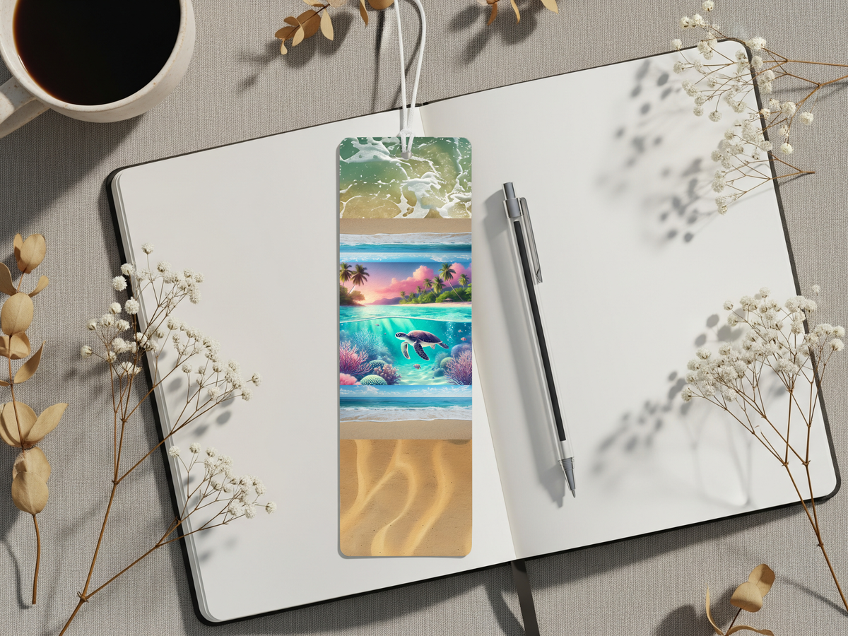 Sea turtle aluminum bookmarks featuring ocean designs on a desk with a notebook and coffee.