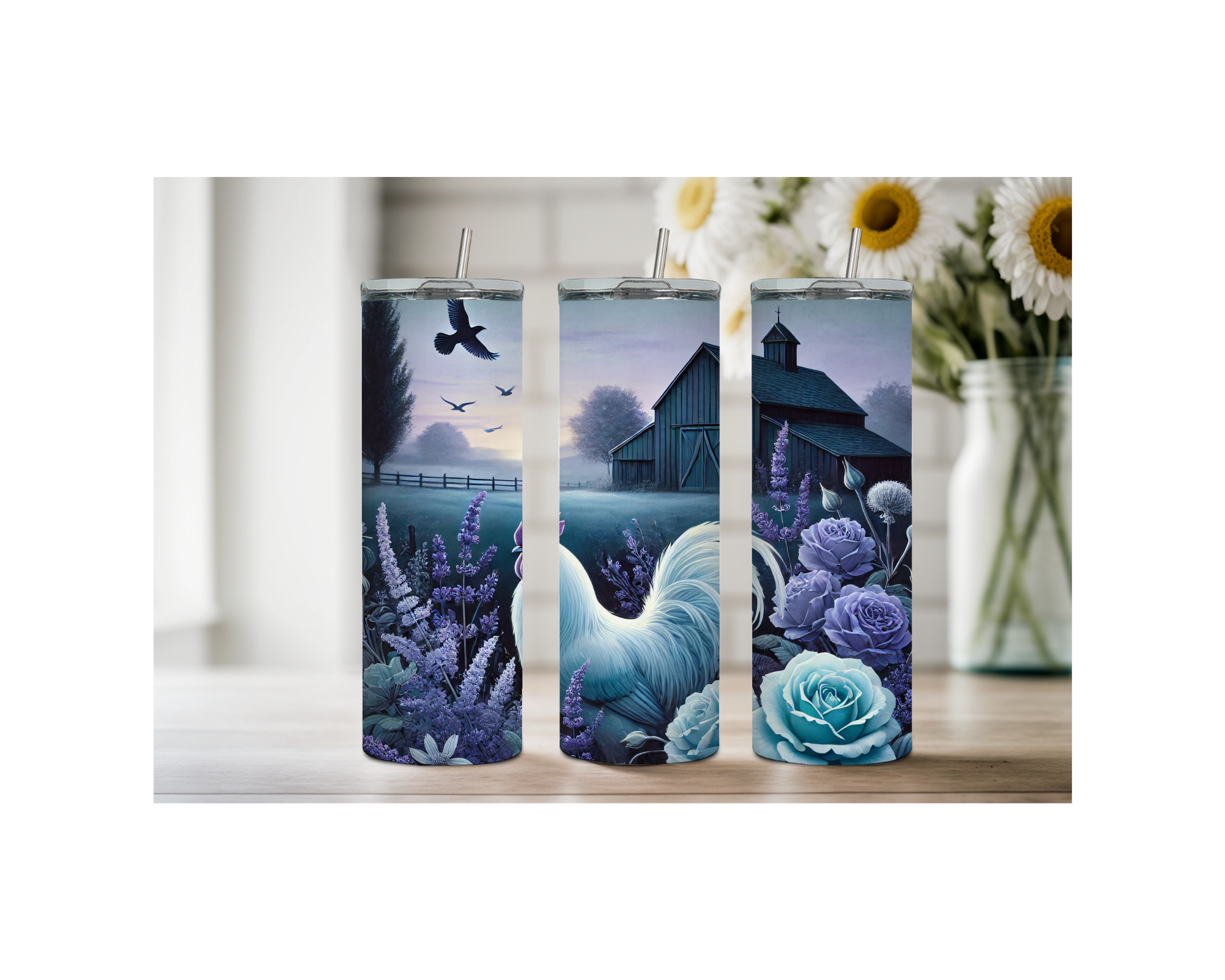 Three 20 oz chicken stainless steel tumblers featuring beautiful farm-inspired artwork with roses and a barn.