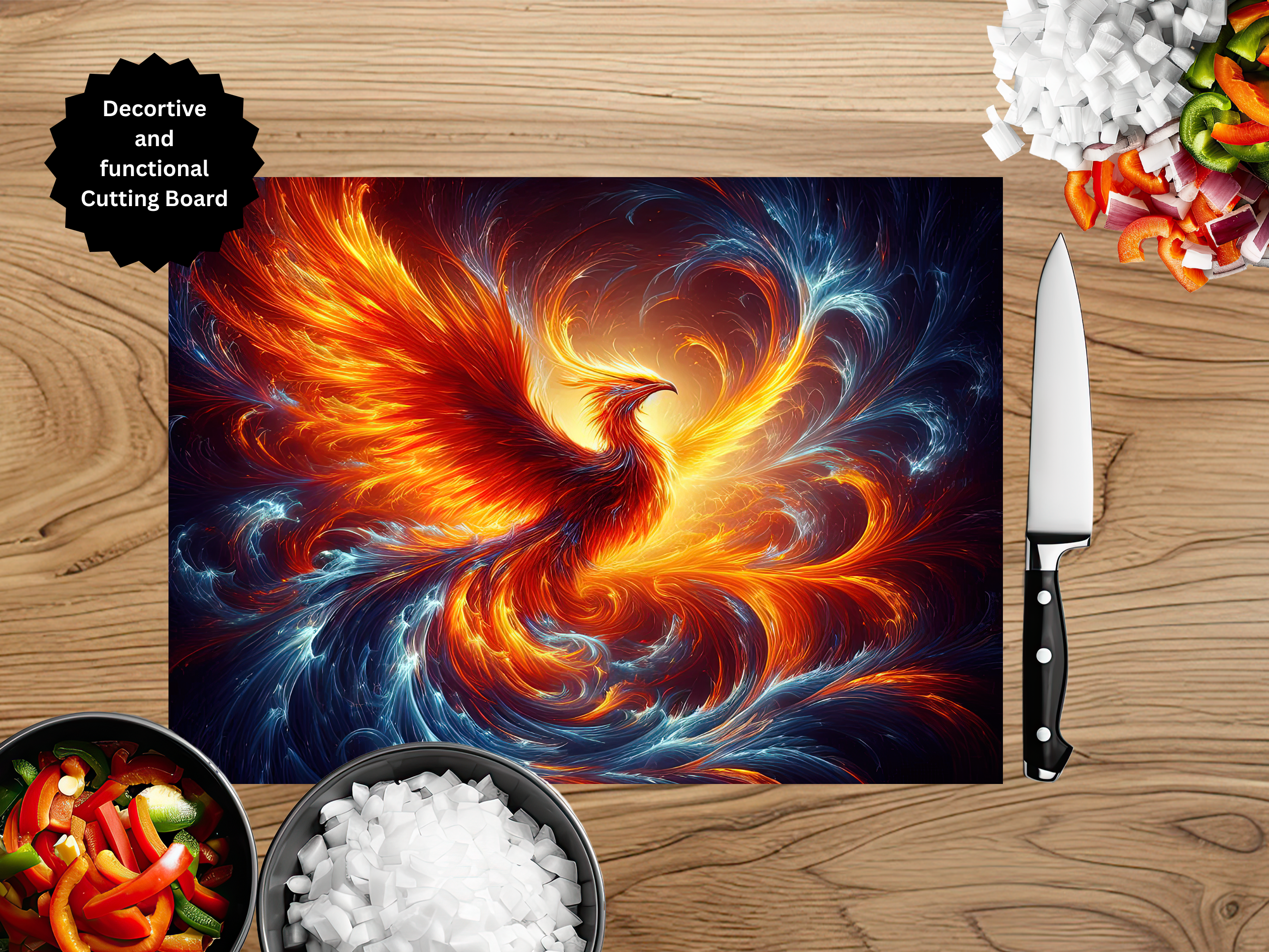 Decorative cutting board with a phoenix design on a wooden surface with a knife and ingredients.