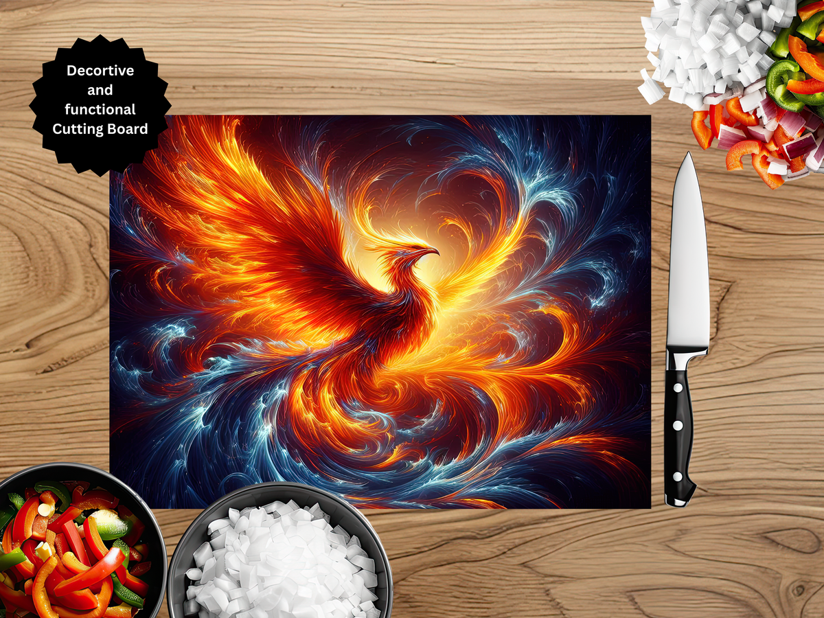 Decorative cutting board with a phoenix design on a wooden surface with a knife and ingredients.