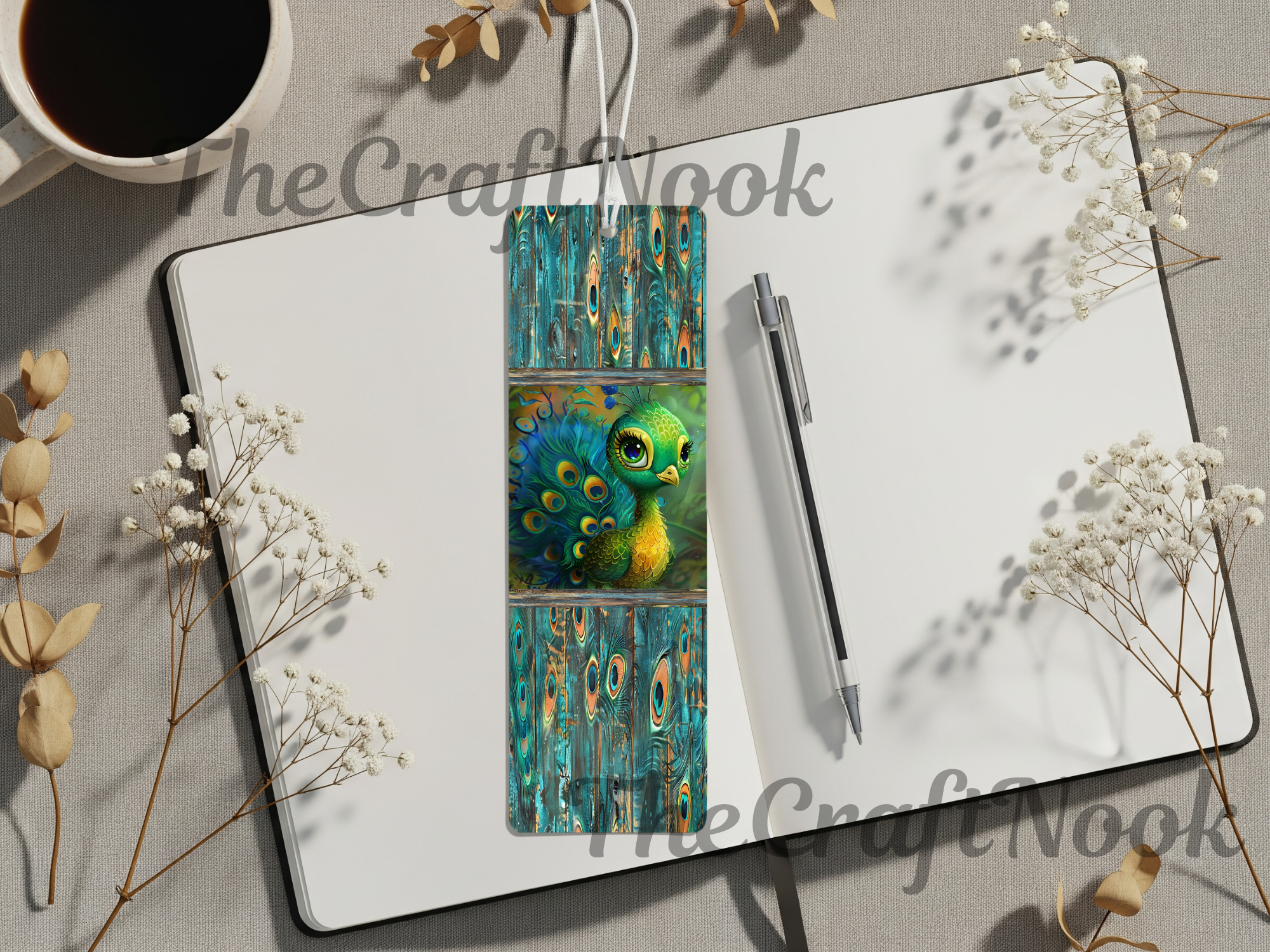 Elegant aluminum peacock bookmarks showcasing vibrant colors and detailed artwork on an open notebook.