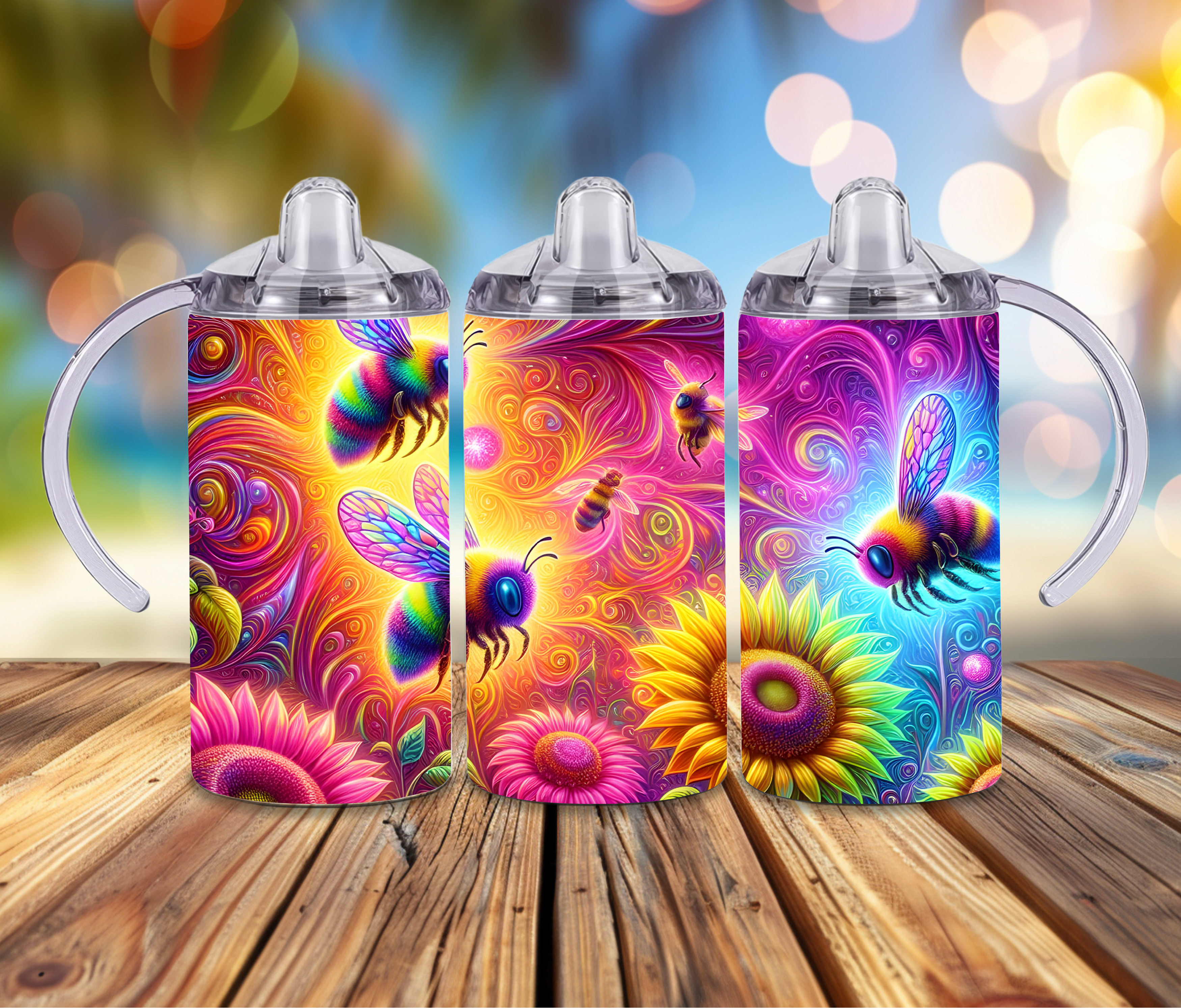 Colorful honeybee stainless steel tumblers with vibrant floral designs on a wooden table.