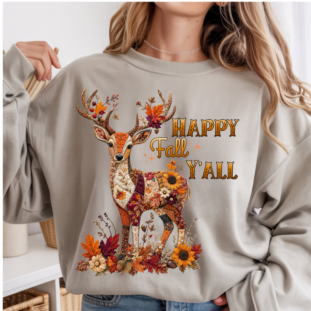 Patchwork Deer Happy Fall Y'all Sweatshirt TheCraftNook