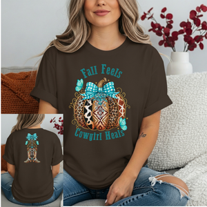 Fall Feels Cowgirl Heels Double Sided Graphic T-Shirt TheCraftNook