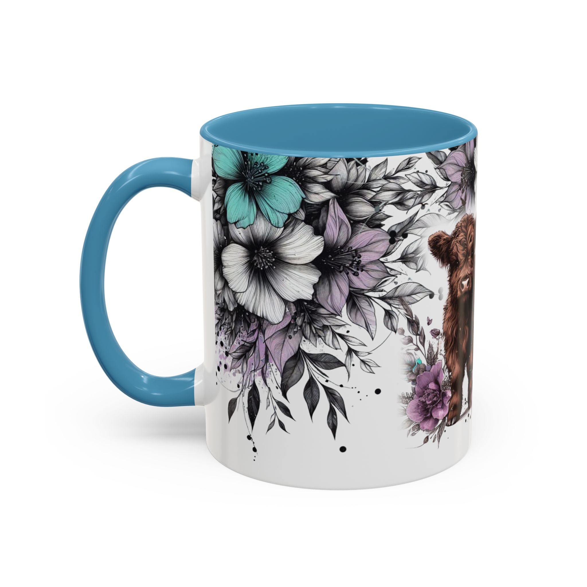 Highland Cow Floral Accent Coffee Mug — Cute Rustic Farmhouse Kitchen Gift