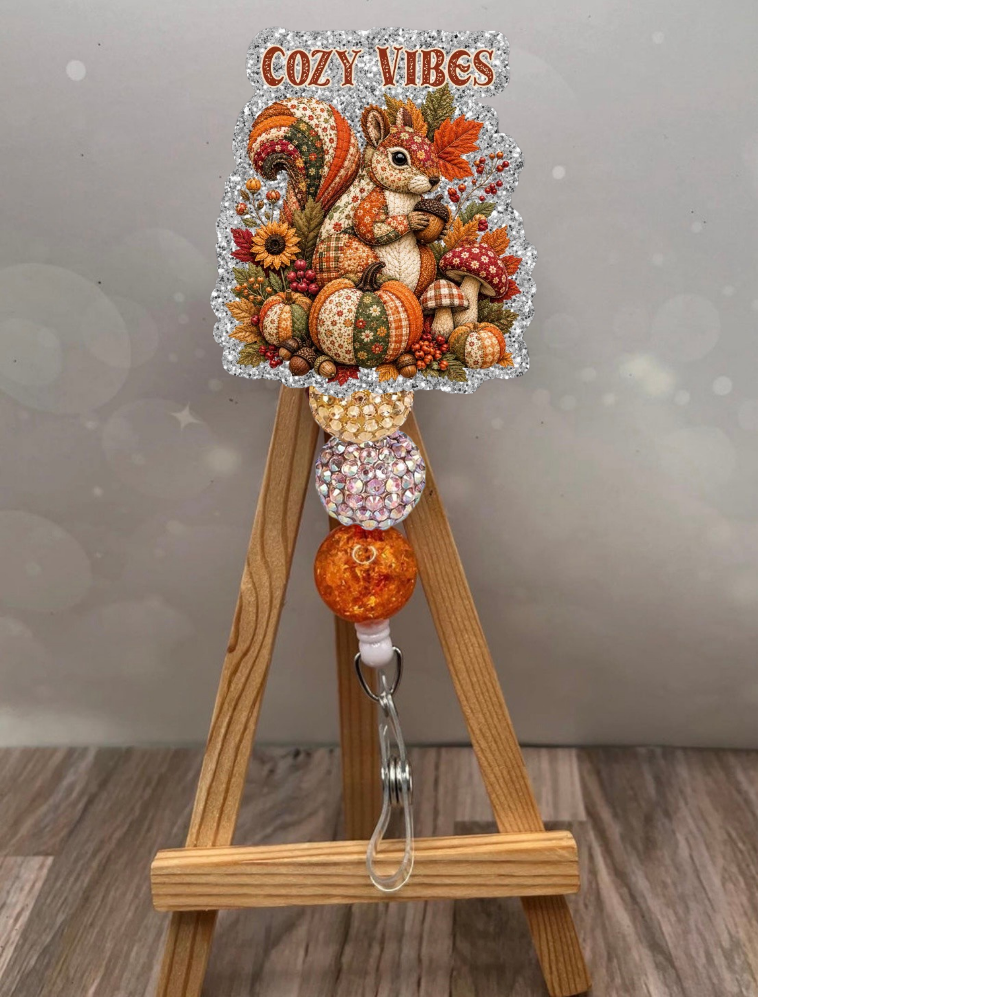 Patchwork Squirrel Badge Pull with cozy vibes, featuring a charming squirrel and autumn elements.