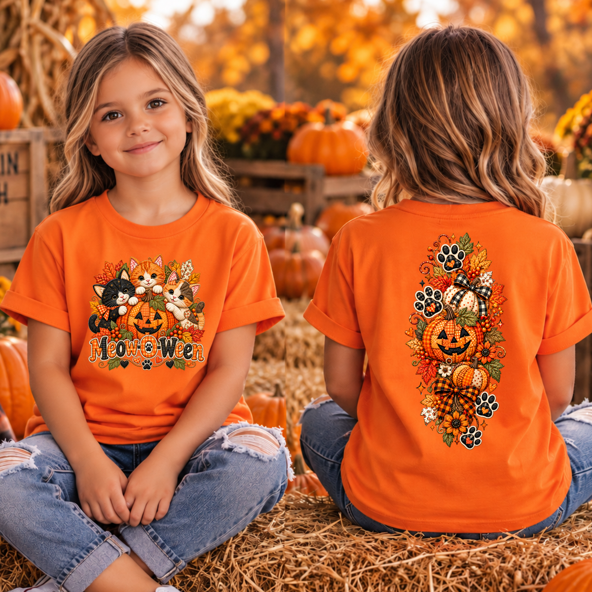 Kids MeowOween Front and back Graphics TheCraftNook