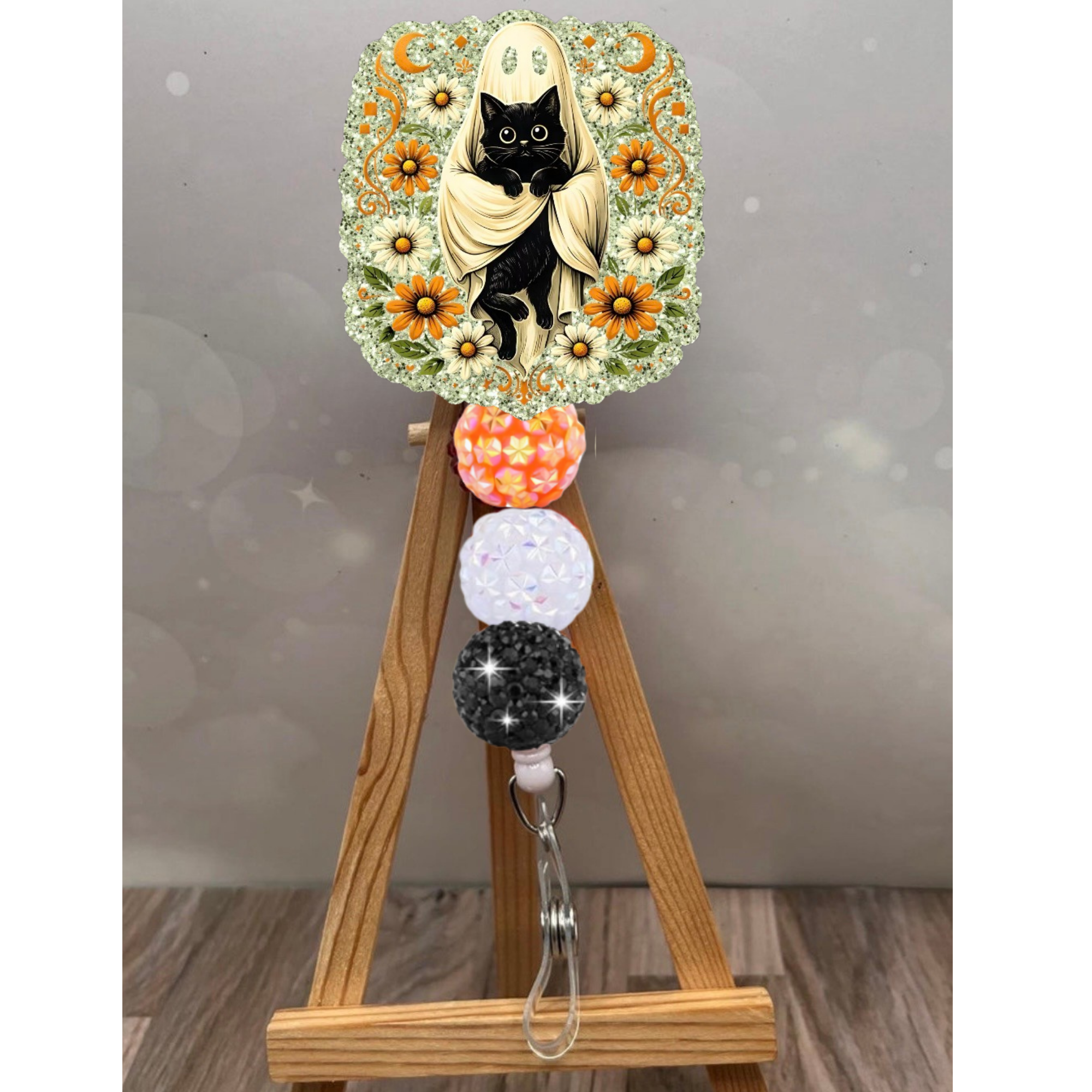 Ghost Cat Badge Reel with black cat design and colorful glittery beads, perfect cute Halloween badge reel.