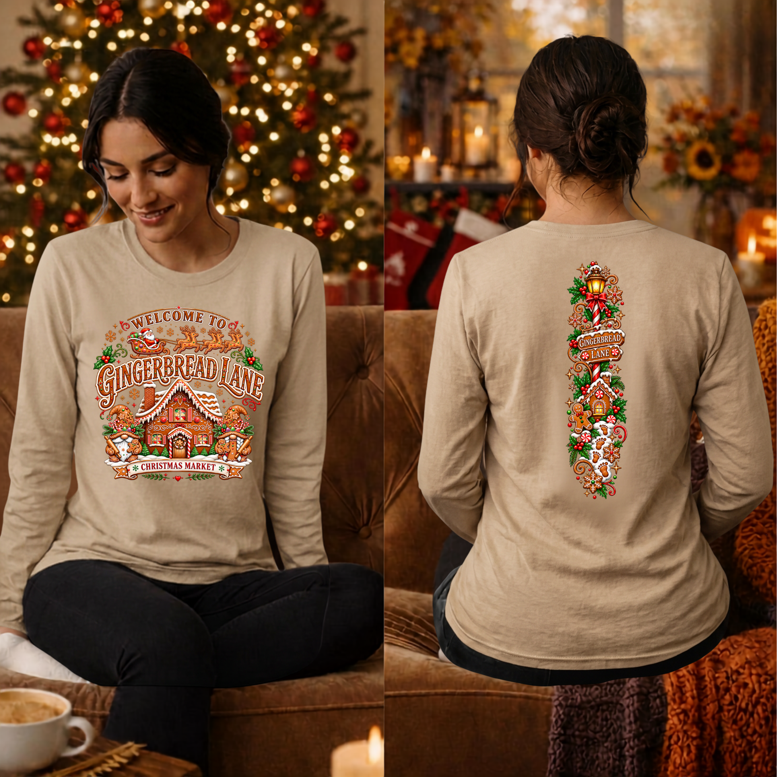 Gingerbread Lane Long Sleeve Tee Front and Back Graphics TheCraftNook