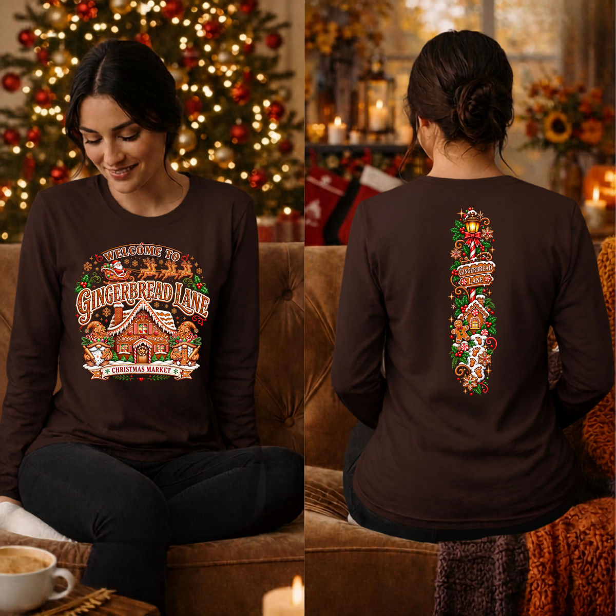 Gingerbread Lane Long Sleeve Tee Front and Back Graphics TheCraftNook