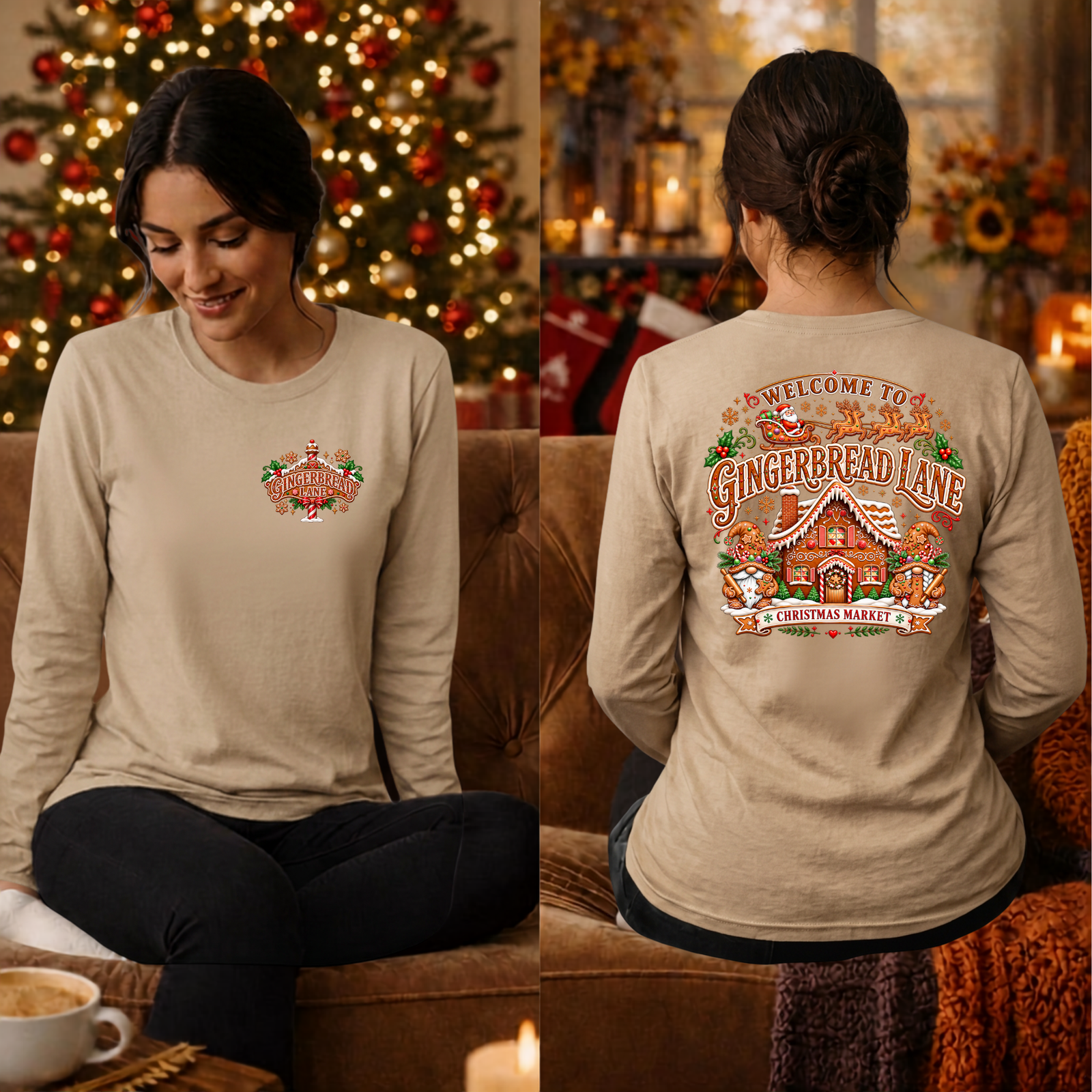 Gingerbread Lane Long Sleeve Tee Pocket and Back Graphics TheCraftNook