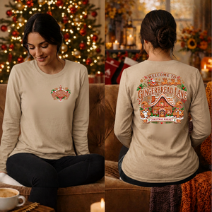 Gingerbread Lane Long Sleeve Tee Pocket and Back Graphics TheCraftNook