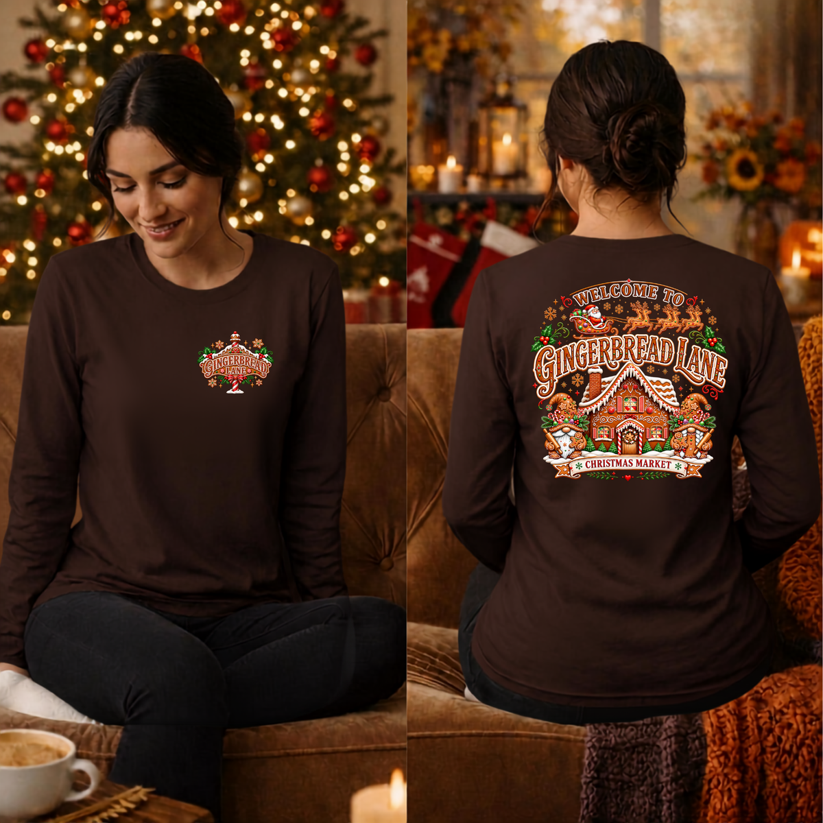 Gingerbread Lane Long Sleeve Tee Pocket and Back Graphics TheCraftNook