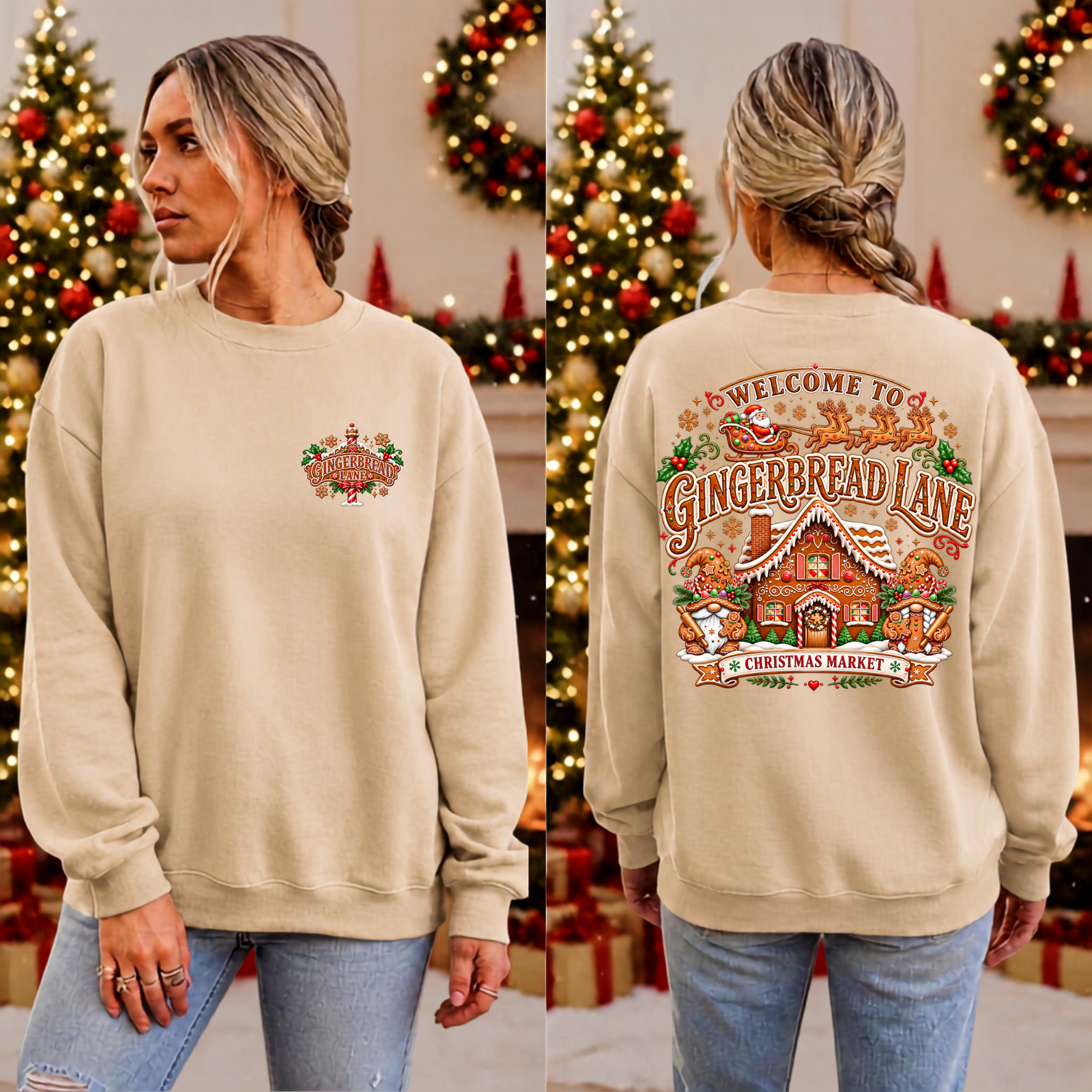 Gingerbread Lane Sweatshirt Pocket and Back Graphics TheCraftNook