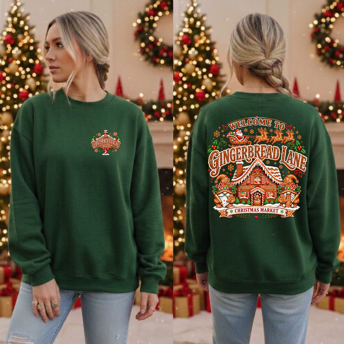 Gingerbread Lane Sweatshirt Pocket and Back Graphics TheCraftNook