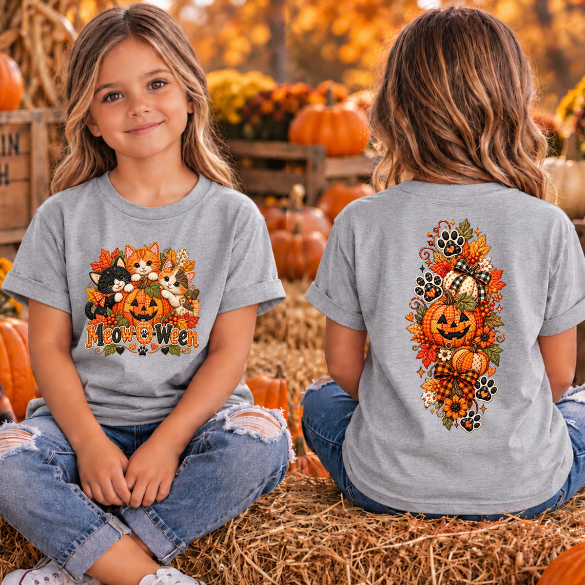 Kids MeowOween Front and back Graphics TheCraftNook