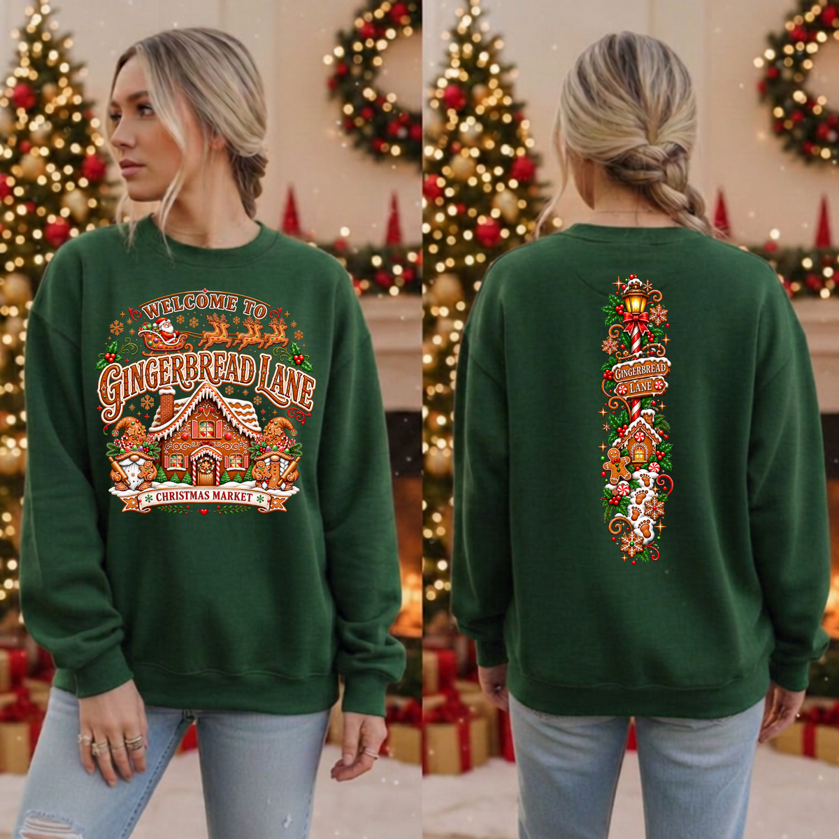Gingerbread Lane Christmas Sweatshirt – Front & Back Graphics TheCraftNook