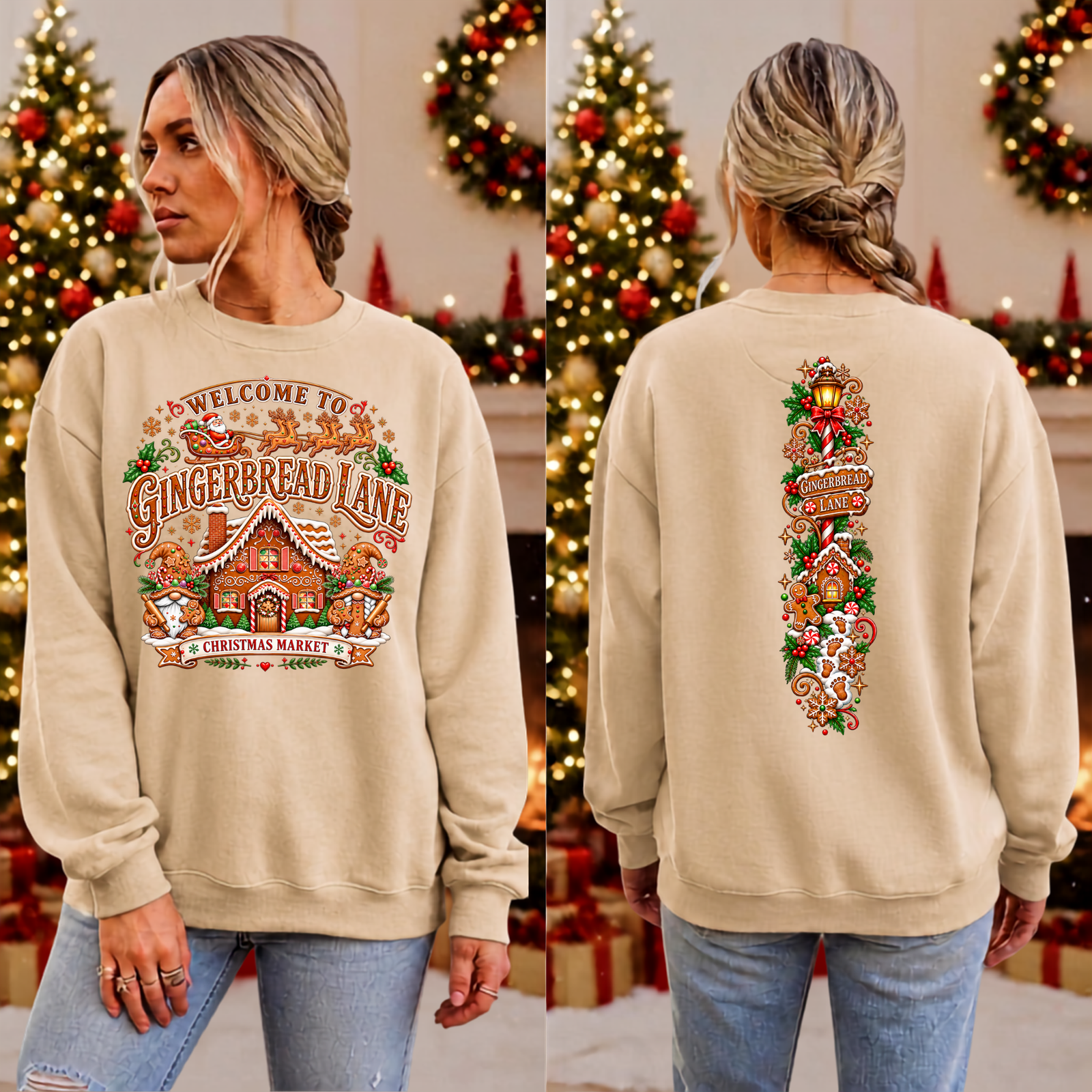 Gingerbread Lane Christmas Sweatshirt – Front & Back Graphics TheCraftNook