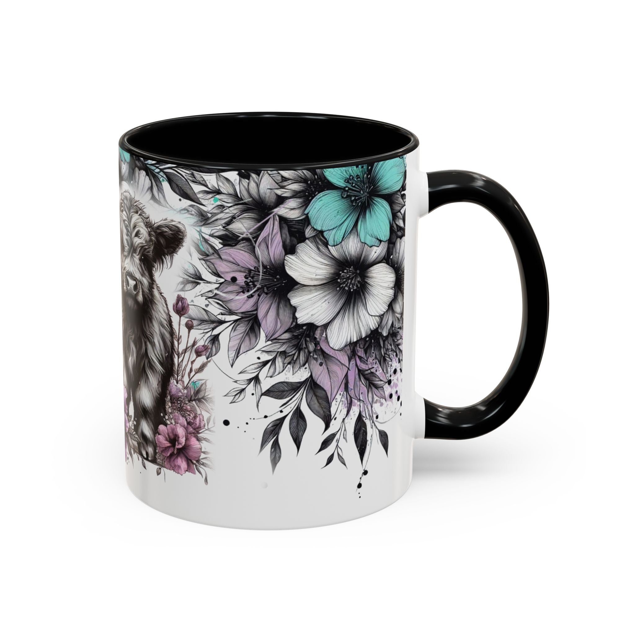 Highland Cow Floral Accent Coffee Mug — Cute Rustic Farmhouse Kitchen Gift