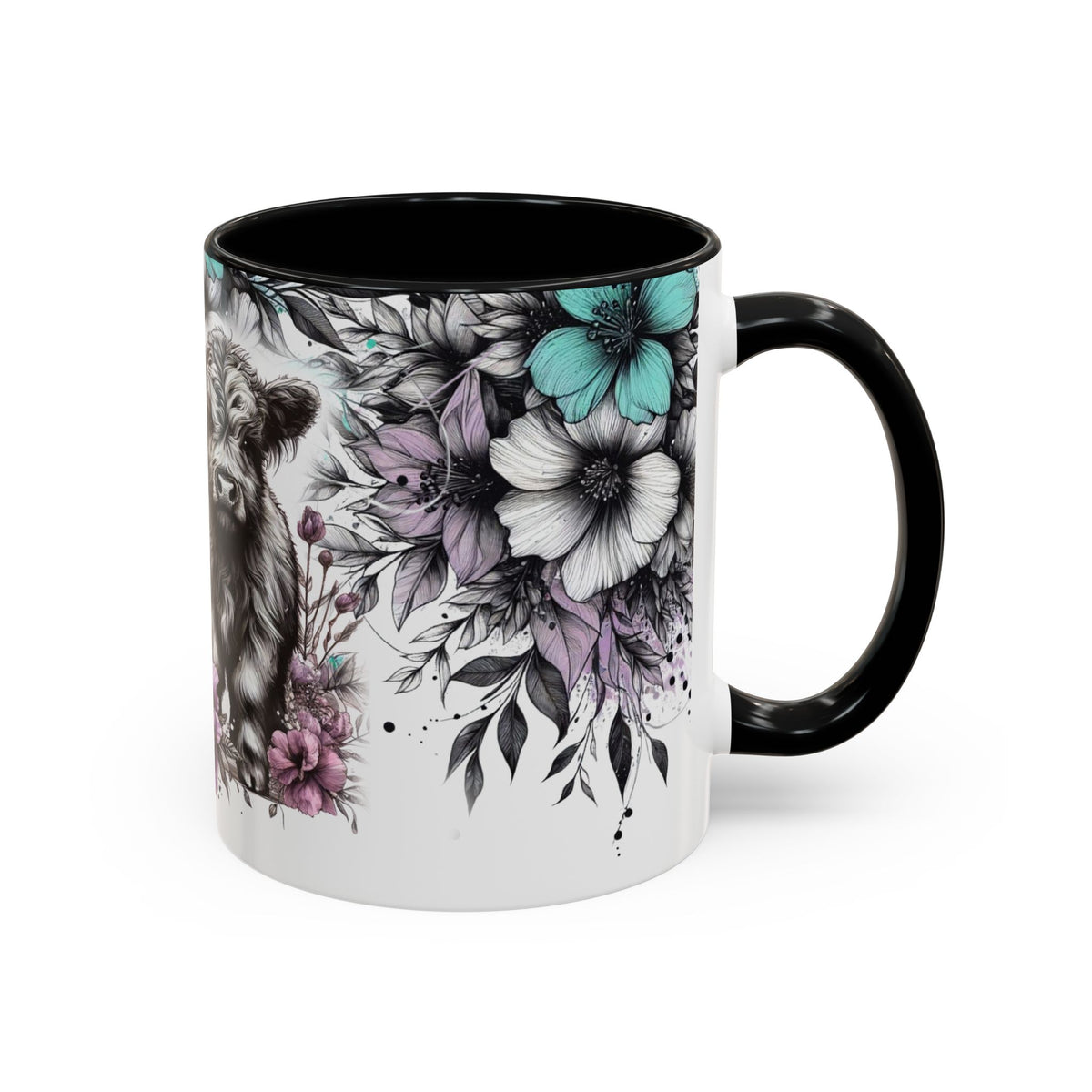 Highland Cow Floral Accent Coffee Mug — Cute Rustic Farmhouse Kitchen Gift Printify