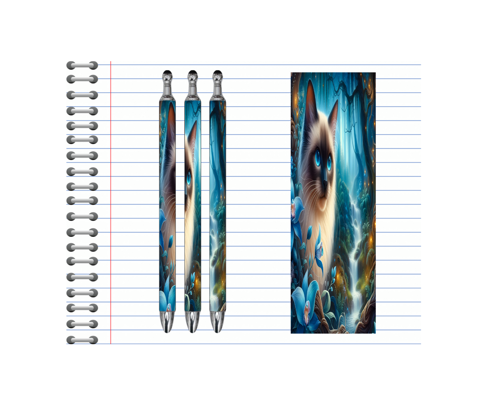 Three cat refillable pens with beautiful feline artwork on a lined notepad background.