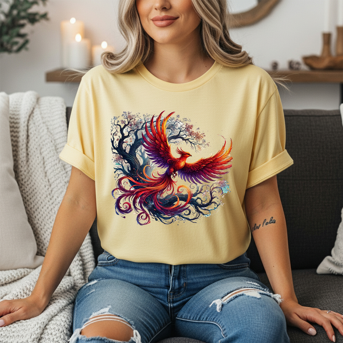 Phoenix Tree T-Shirt - Mythical Fire Bird Perched on Tree Tee TheCraftNook