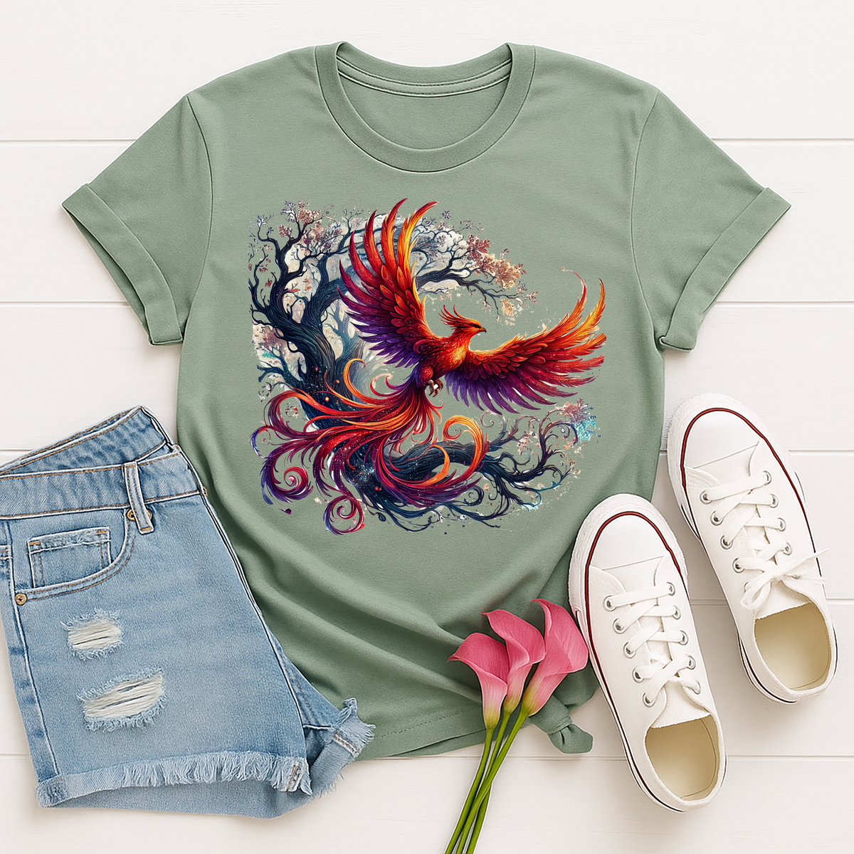 Phoenix Tree T-Shirt - Mythical Fire Bird Perched on Tree Tee TheCraftNook