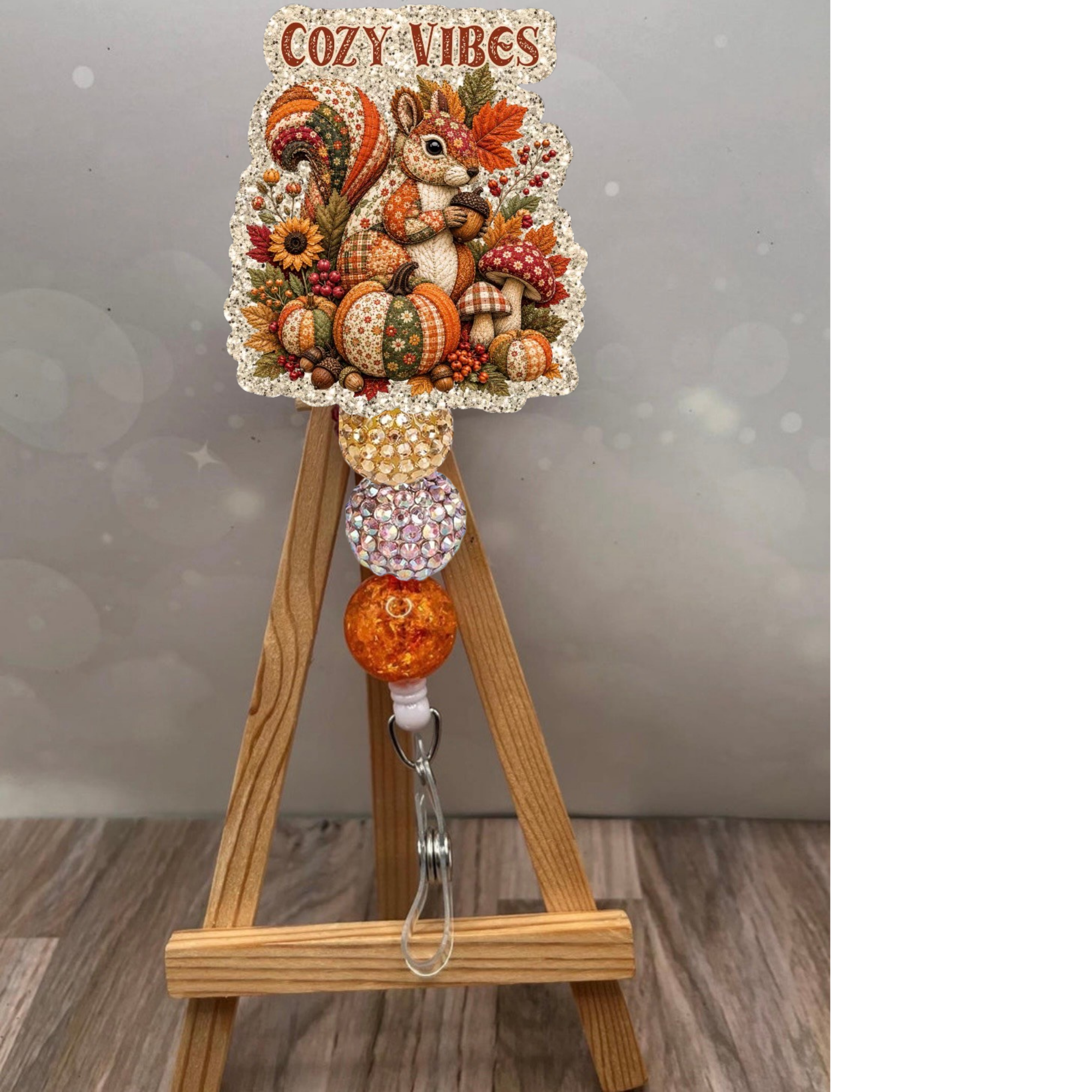 Cozy Vibes Patchwork Squirrel Badge Pull
