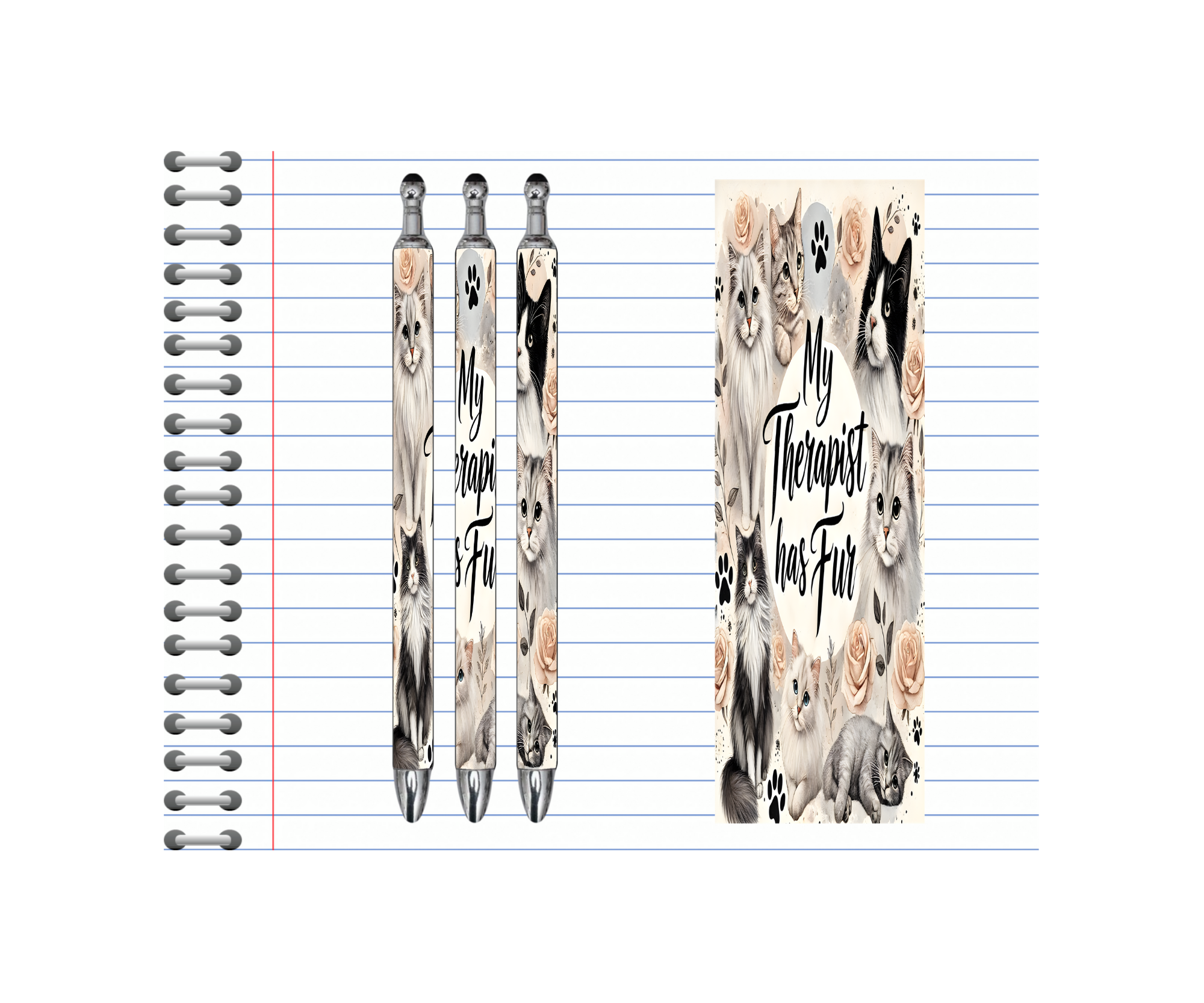 Cat refillable pens with charming feline designs, featuring cute cat artwork and 'My Therapist has Fur' text.