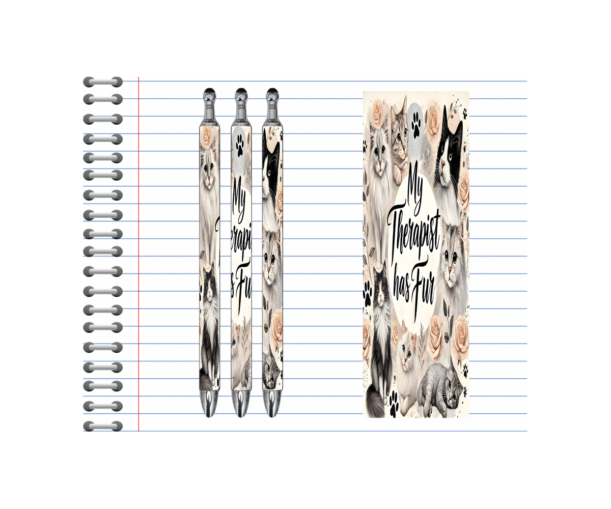 Cat refillable pens with charming feline designs, featuring cute cat artwork and 'My Therapist has Fur' text.