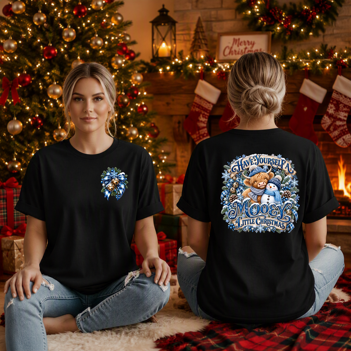 Blue Mooey Christmas T-Shirt Pocket and Back Graphics TheCraftNook
