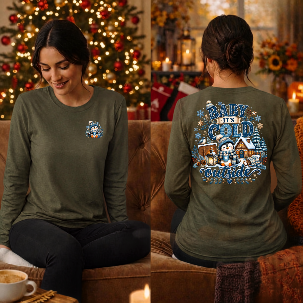 Cold Outside Long Sleeve Tee Pocket and Back Graphics TheCraftNook