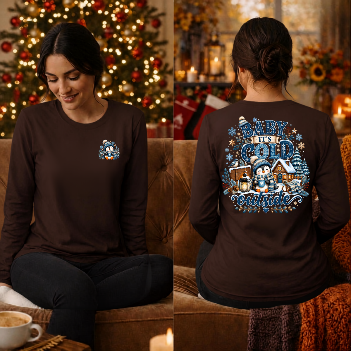 Cold Outside Long Sleeve Tee Pocket and Back Graphics TheCraftNook